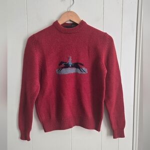 Kids Red Crewneck Sweater with Horse Design-Size L -100%WOOL